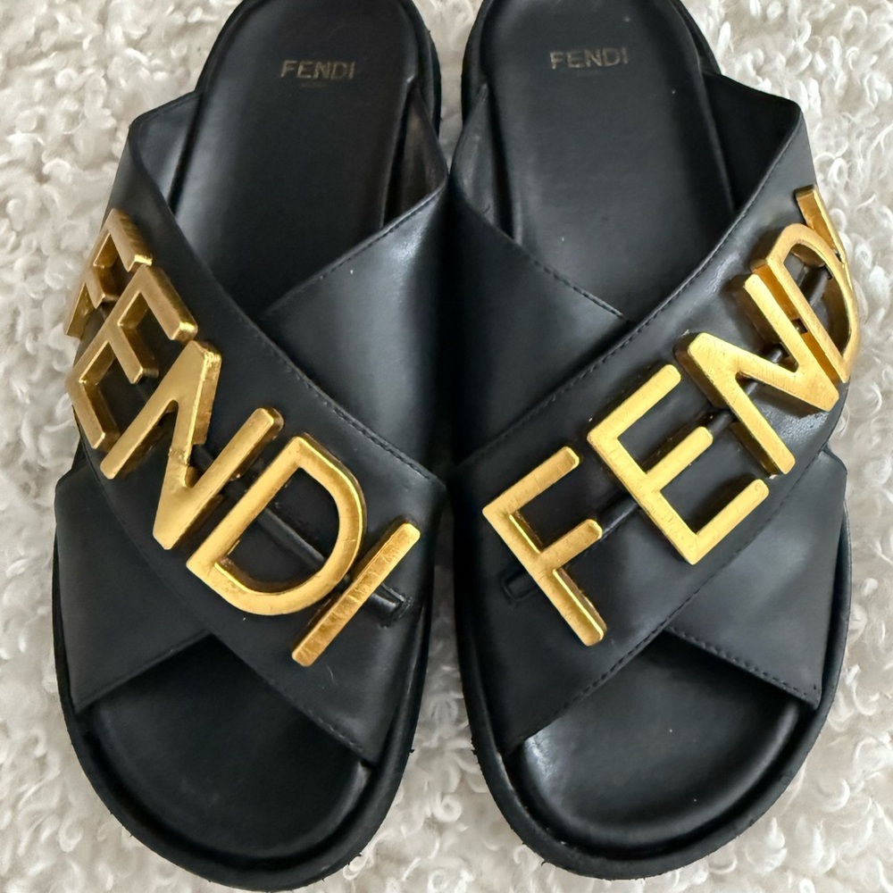 Fendi Black Slides with Gold Logo